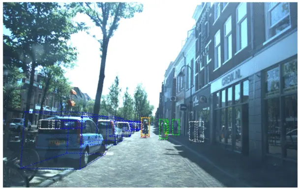The same daylight street scene with tracked road users and vehicles.