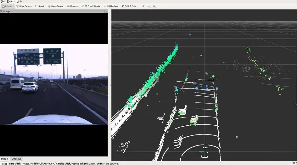 Evening road research visualization with camera and spatial sensing views.