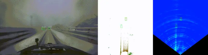 Road sequence with partially degraded optical visibility and persistent spatial returns.