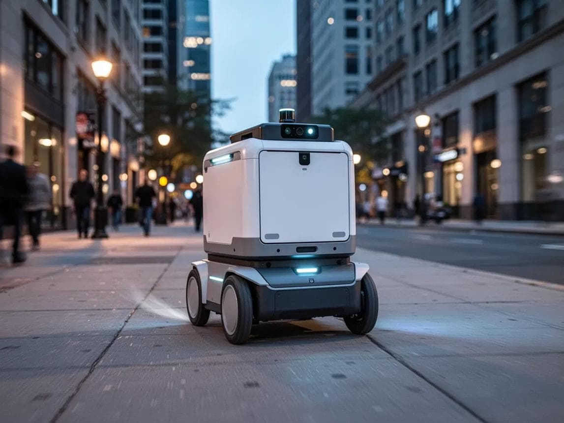 Illustrative autonomous delivery robot moving along an urban street.